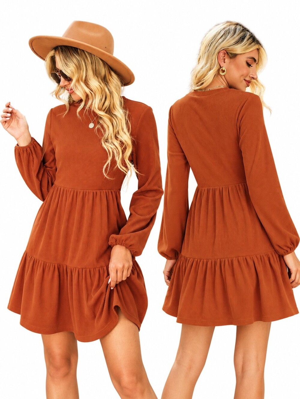 Cupshe Rust Orange Ribbed Mini Dress Long Sleeve S - Perfect Fall Dress
